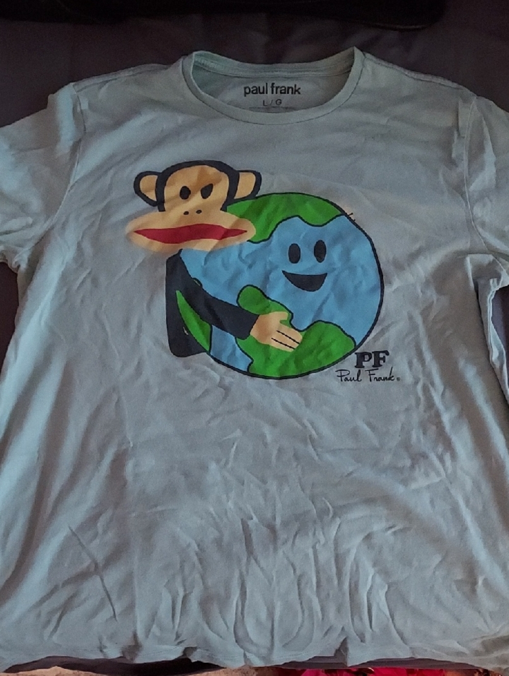 Paul Frank Light Blue Tee with Monkey Hugging Earth Graphic